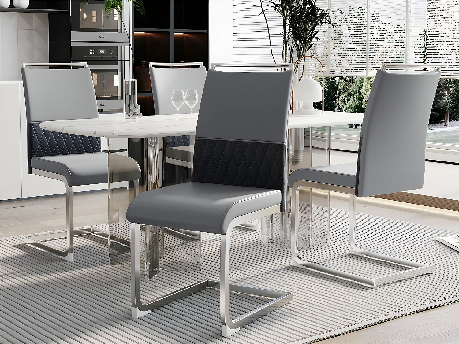 Set van 4 eetkamerstoelen - kunstleer en linnen rugleuning - grijs