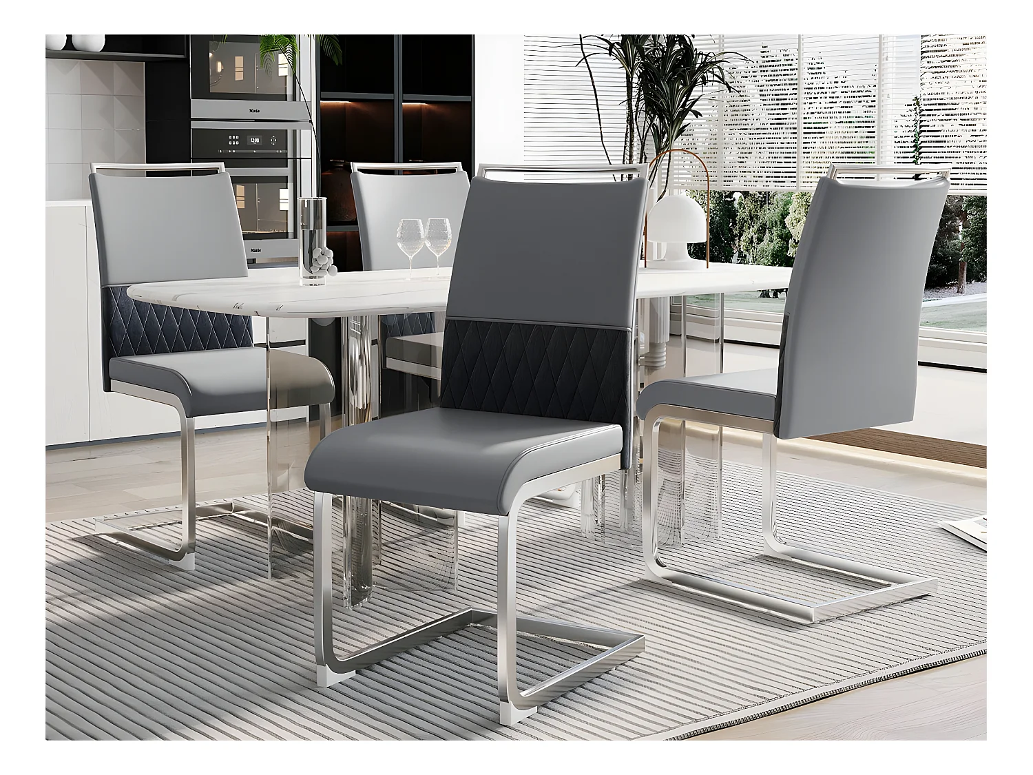 Lot de 4 chaises de salle à manger - dossier en similicuir et lin - gris