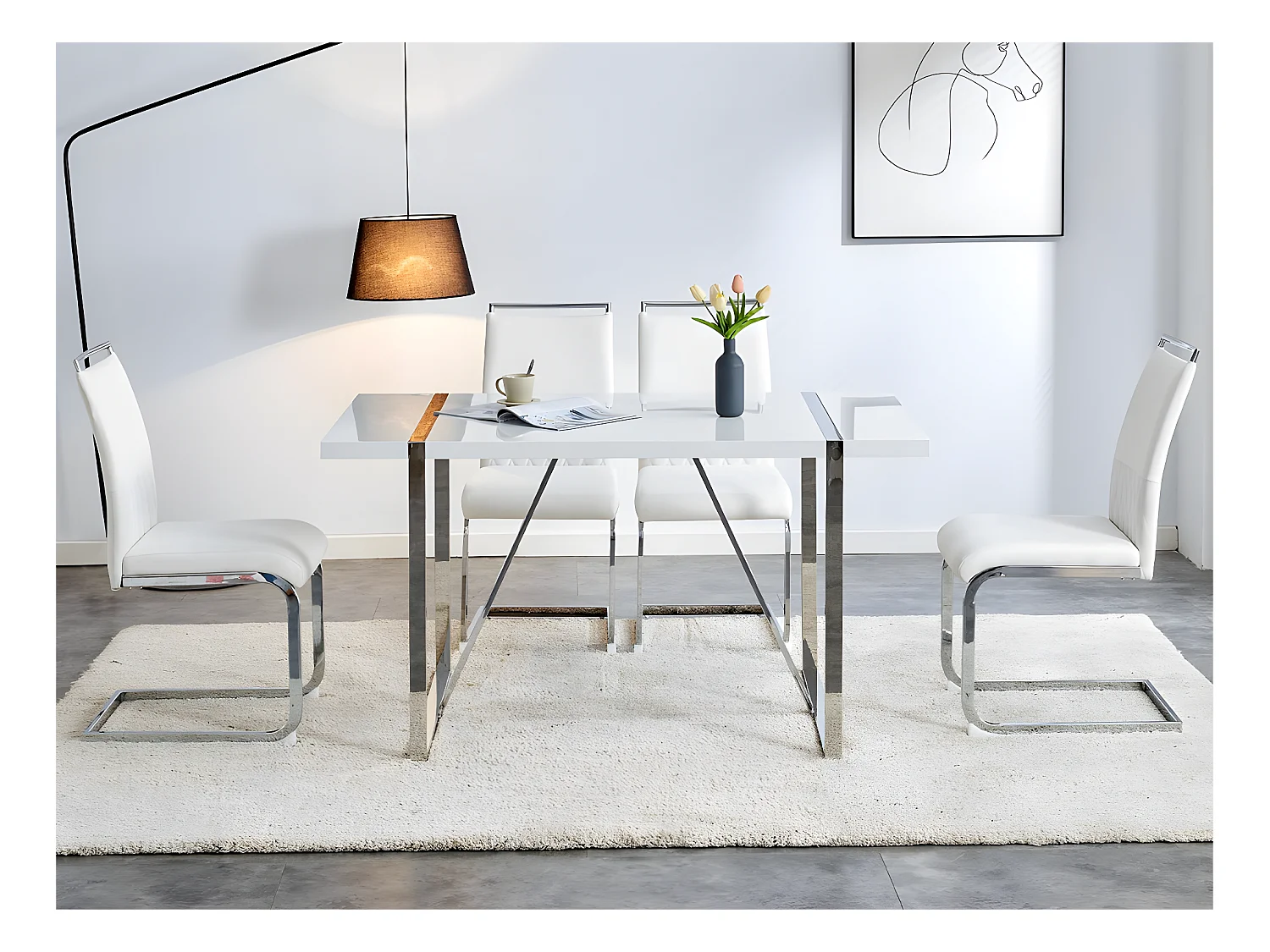 Lot de 2 chaises de salle à manger - dossier en similicuir et lin - blanc