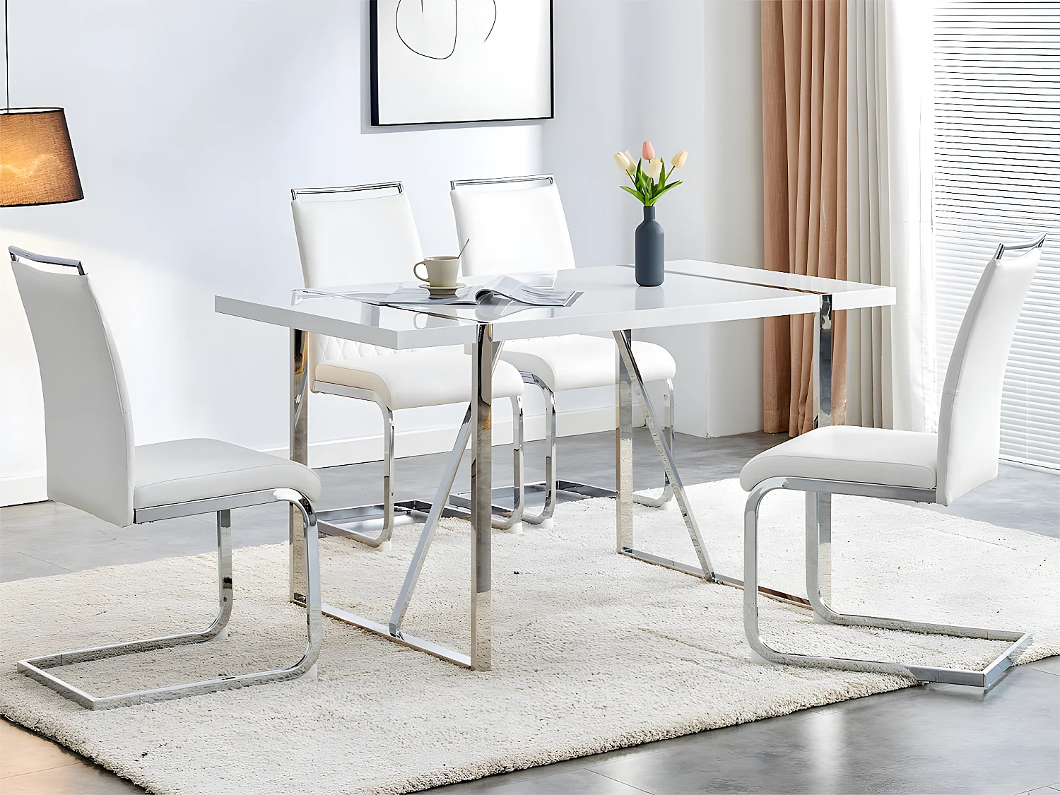 Lot de 4 chaises de salle à manger - dossier en similicuir et lin - blanc