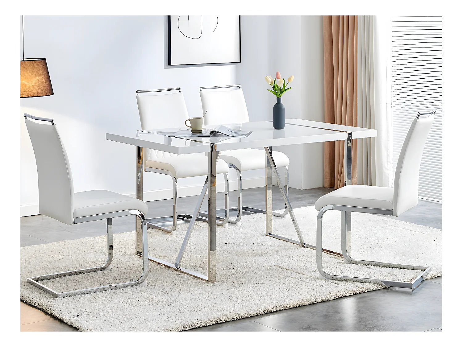 Lot de 4 chaises de salle à manger - dossier en similicuir et lin - blanc