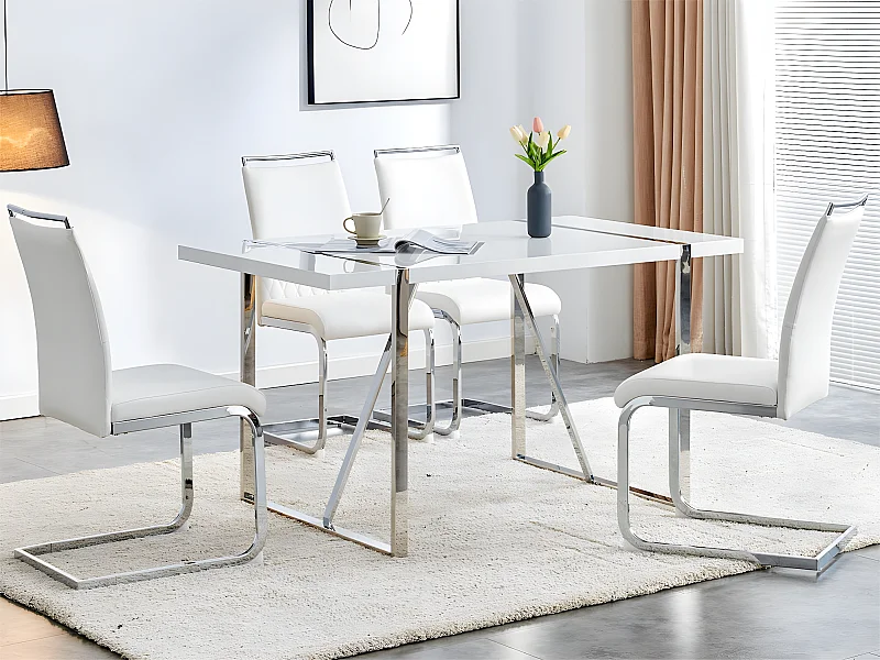 Lot de 4 chaises de salle à manger - dossier en similicuir et lin - blanc