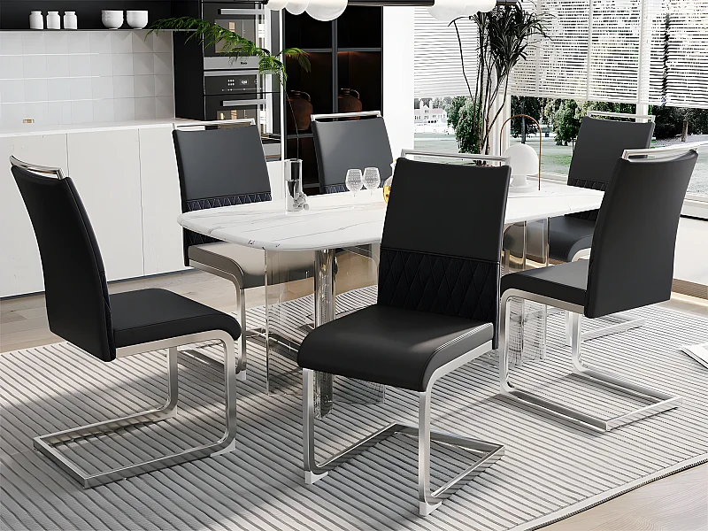 Set mit 6 Esszimmerstühlen – Kunstleder und Leinenrücken – Schwarz