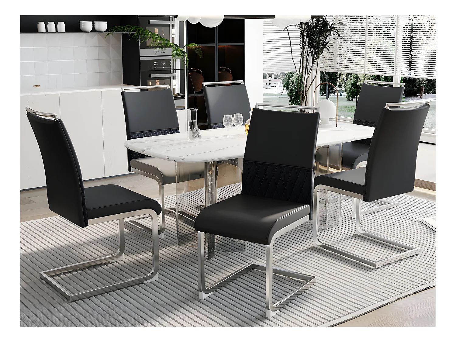 Set van 6 eetkamerstoelen - kunstleer en linnen rugleuning - zwart