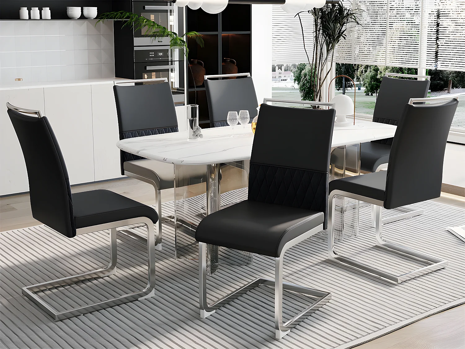 Set di 6 sedie per sala da pranzo - schienale in ecopelle e lino - nere