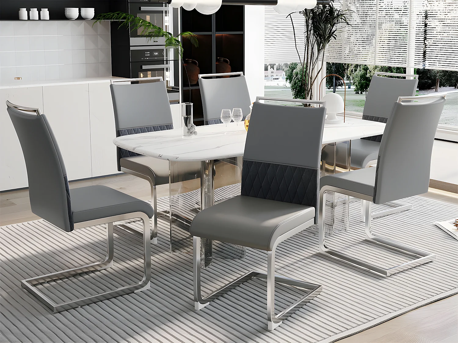 Lot de 6 chaises de salle à manger - dossier en similicuir et lin - gris