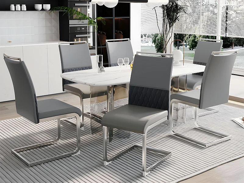 Lot de 6 chaises de salle à manger - dossier en similicuir et lin - gris