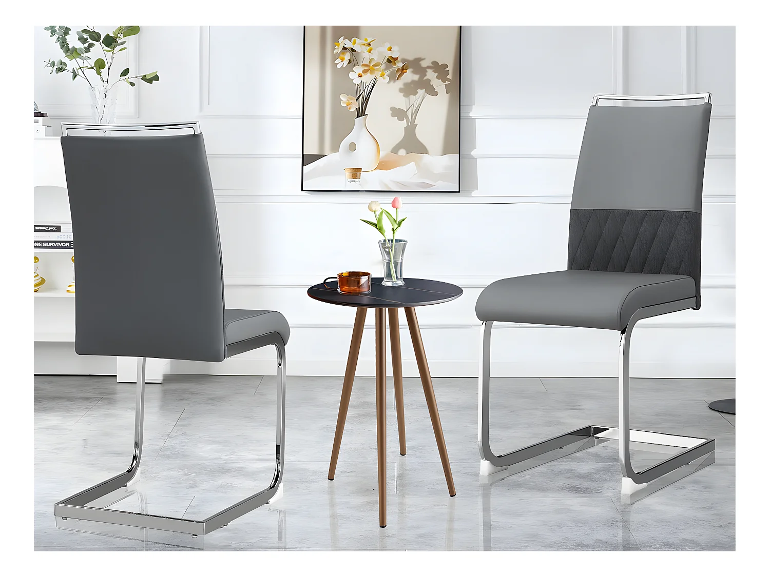 Lot de 2 chaises de salle à manger - dossier en similicuir et lin - gris
