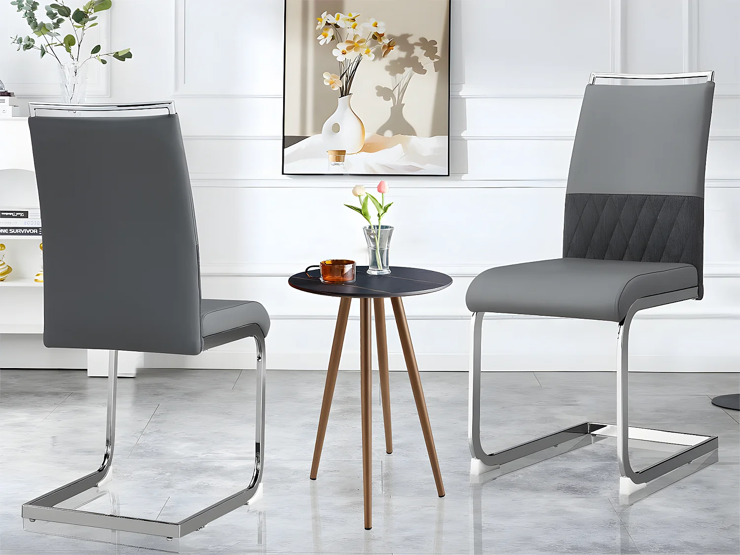 Lot de 2 chaises de salle à manger - dossier en similicuir et lin - gris