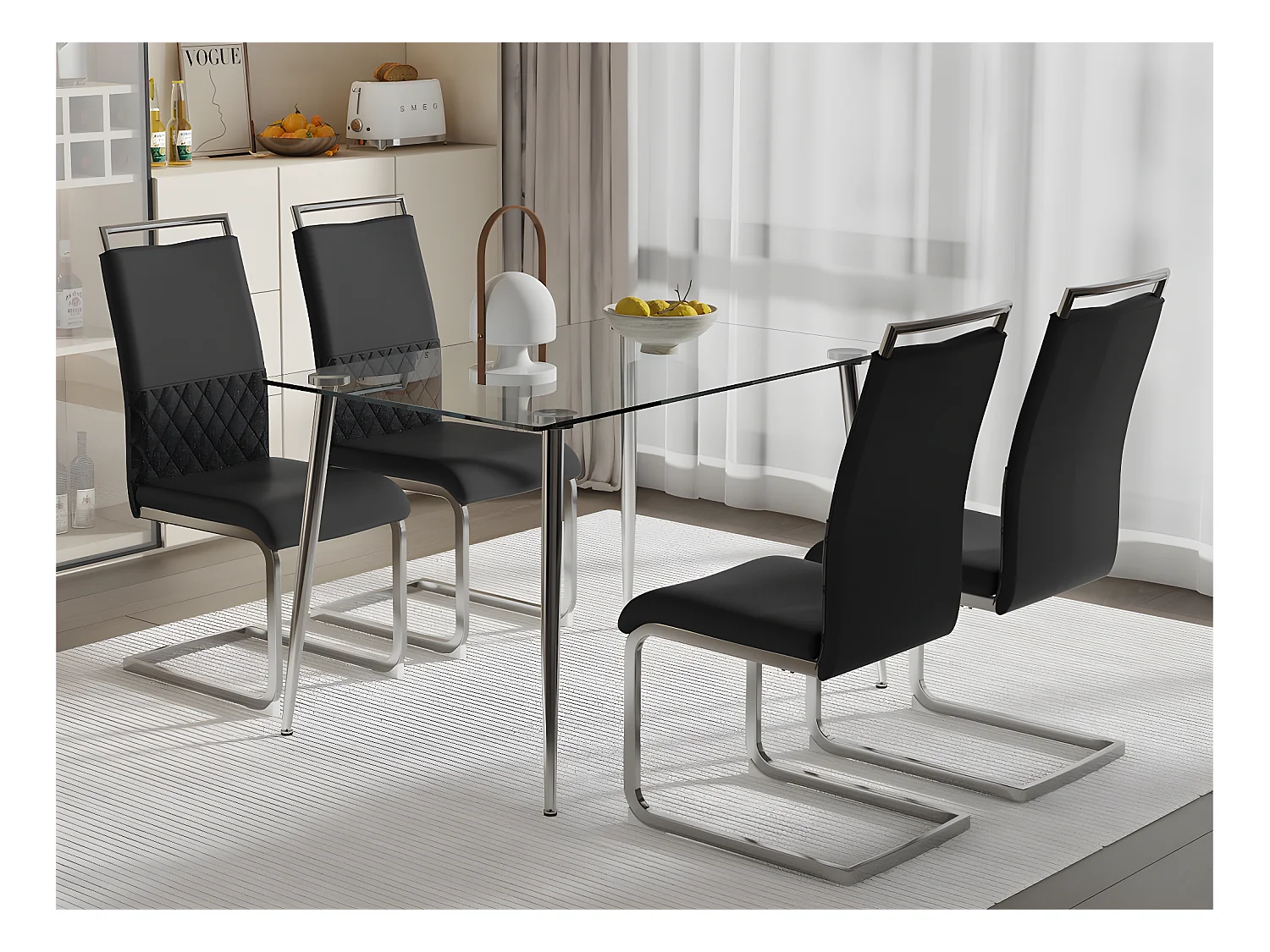 Lot de 4 chaises de salle à manger - dossier en similicuir et lin - noir
