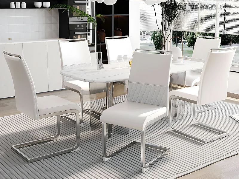 Set van 6 eetkamerstoelen - kunstleer en linnen rugleuning - wit