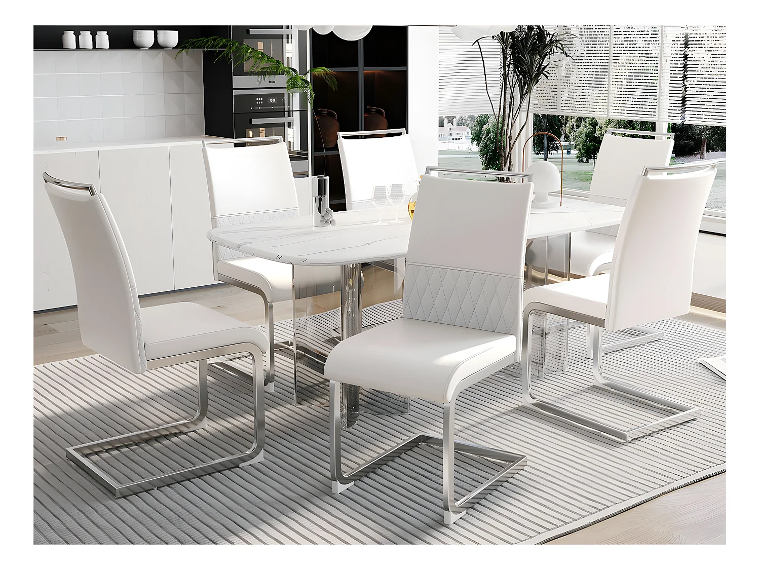 Lot de 6 chaises de salle à manger - dossier en similicuir et lin - blanc