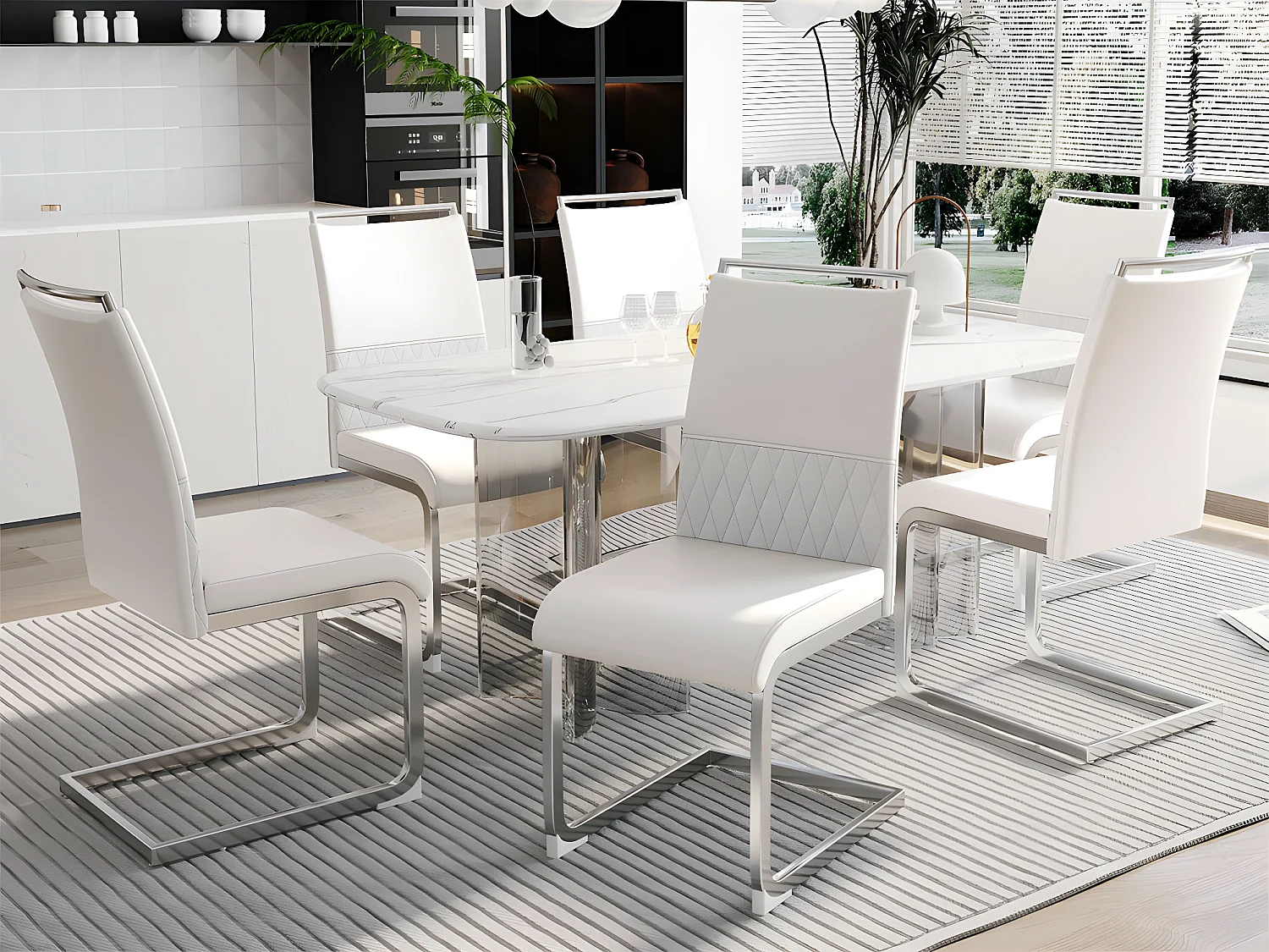 Lot de 6 chaises de salle à manger - dossier en similicuir et lin - blanc