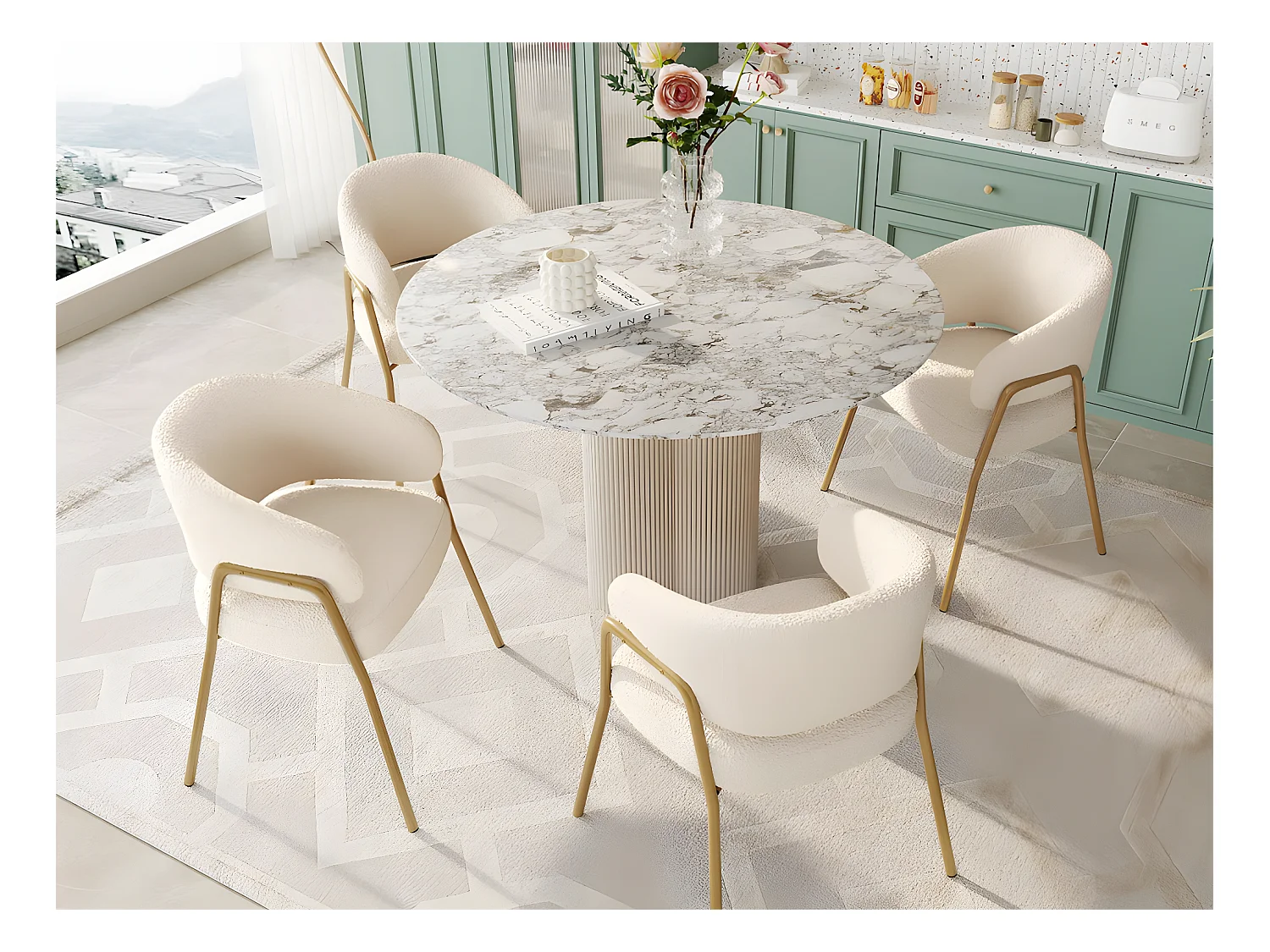 Set van 4 stoelen - sherpastof - gouden poten - beige