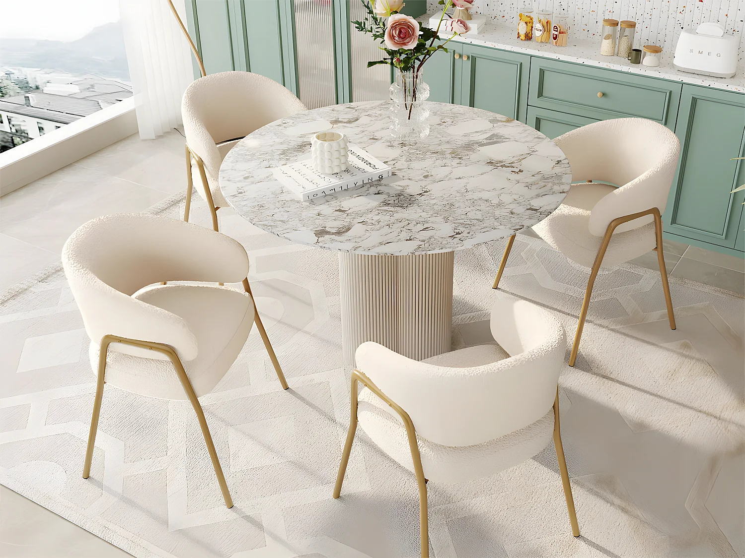 Lot de 4 chaises - tissu en sherpa - pieds dorés - beige