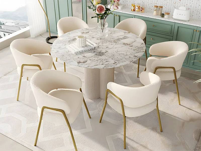 Set mit 6 Stühlen – Sherpa-Stoff – goldene Beine – Beige