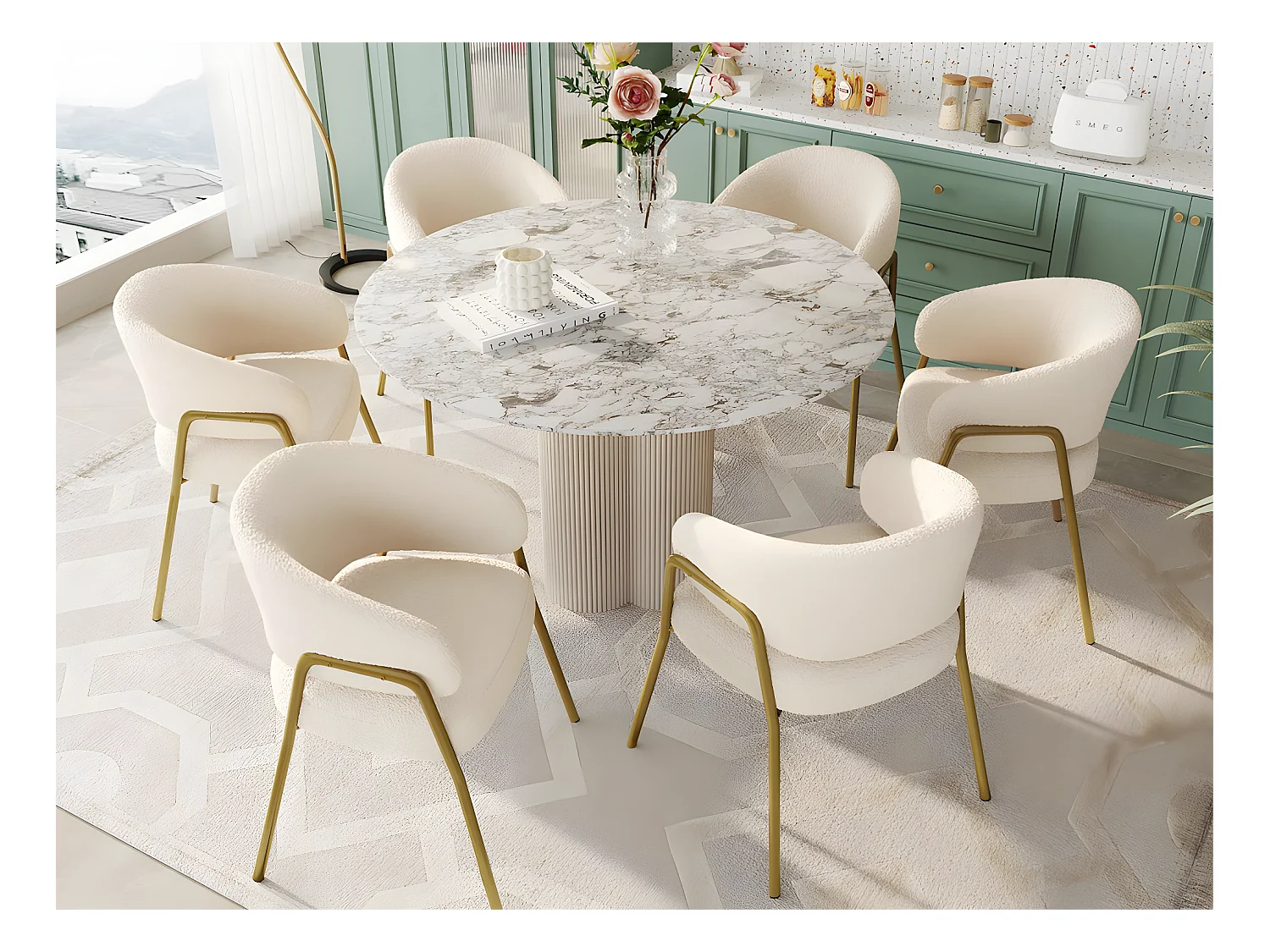 Lot de 6 chaises - tissu en sherpa - pieds dorés - beige