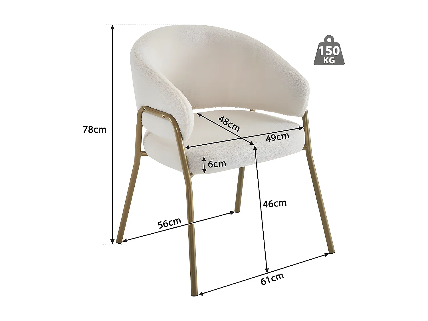 Lot de 6 chaises - tissu en sherpa - pieds dorés - beige