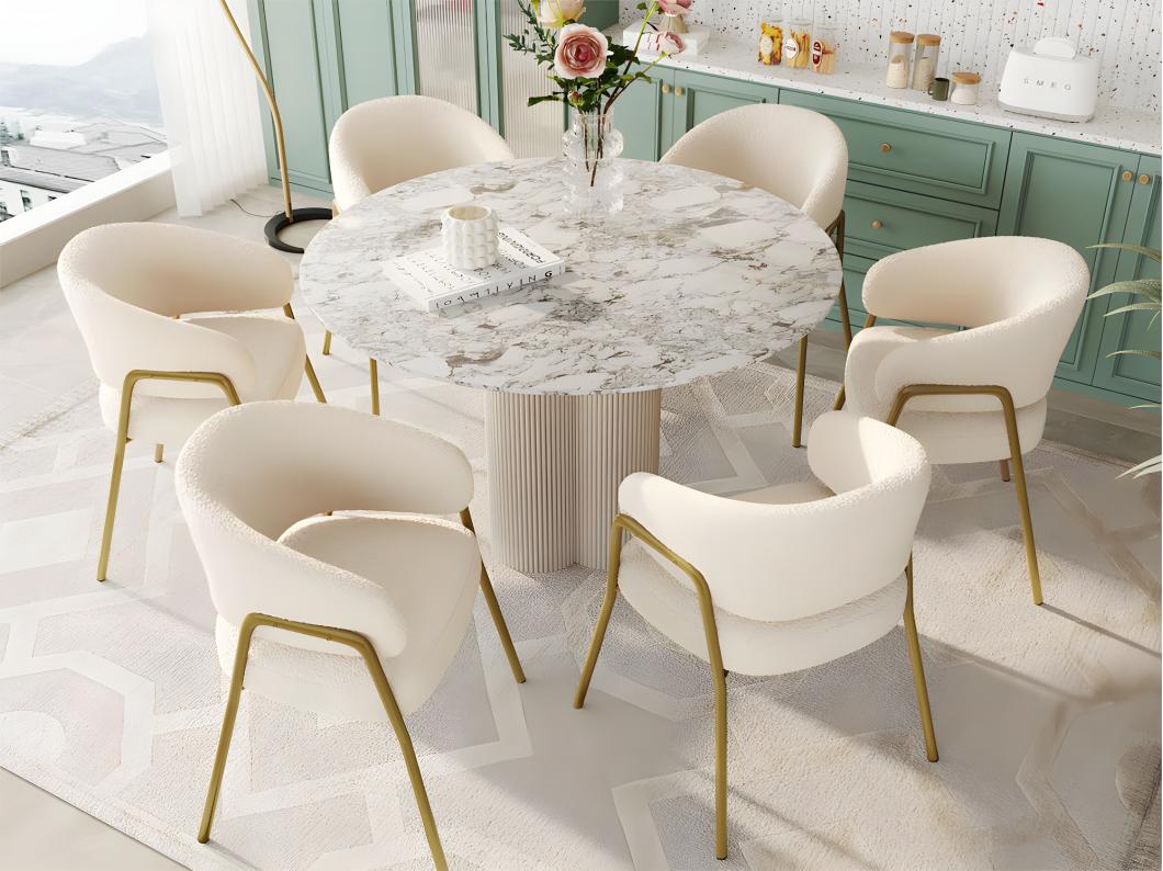 Set van 6 stoelen - sherpastof - gouden poten - beige