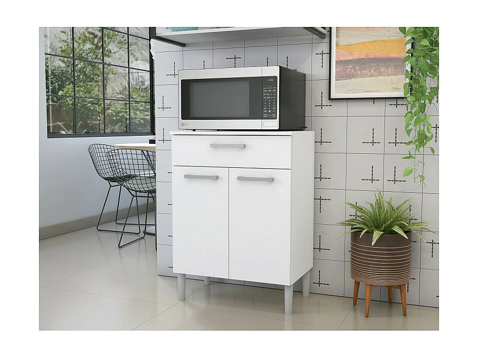 Meuble Micro Onde Blanc 2 Portes 1 Tiroir 1 Niche L 61.5 H 83.5 P 38.8 cm