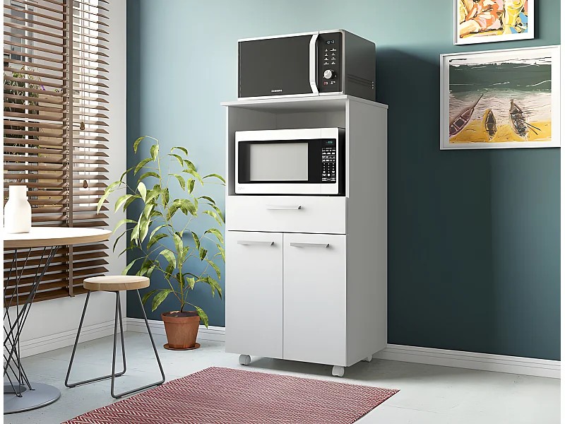 Meuble Micro-Onde Blanc Mobile 2 Portes 1 Tiroir L 61 H 117.5 P 48.8 cm