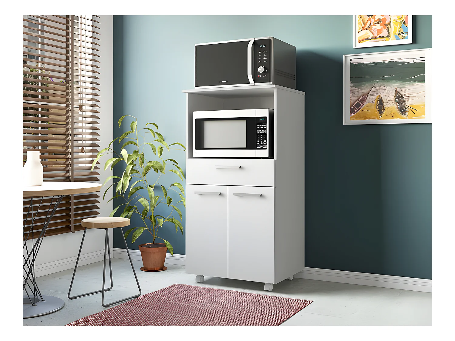 Meuble Micro-Onde Blanc Mobile 2 Portes 1 Tiroir L 61 H 117.5 P 48.8 cm