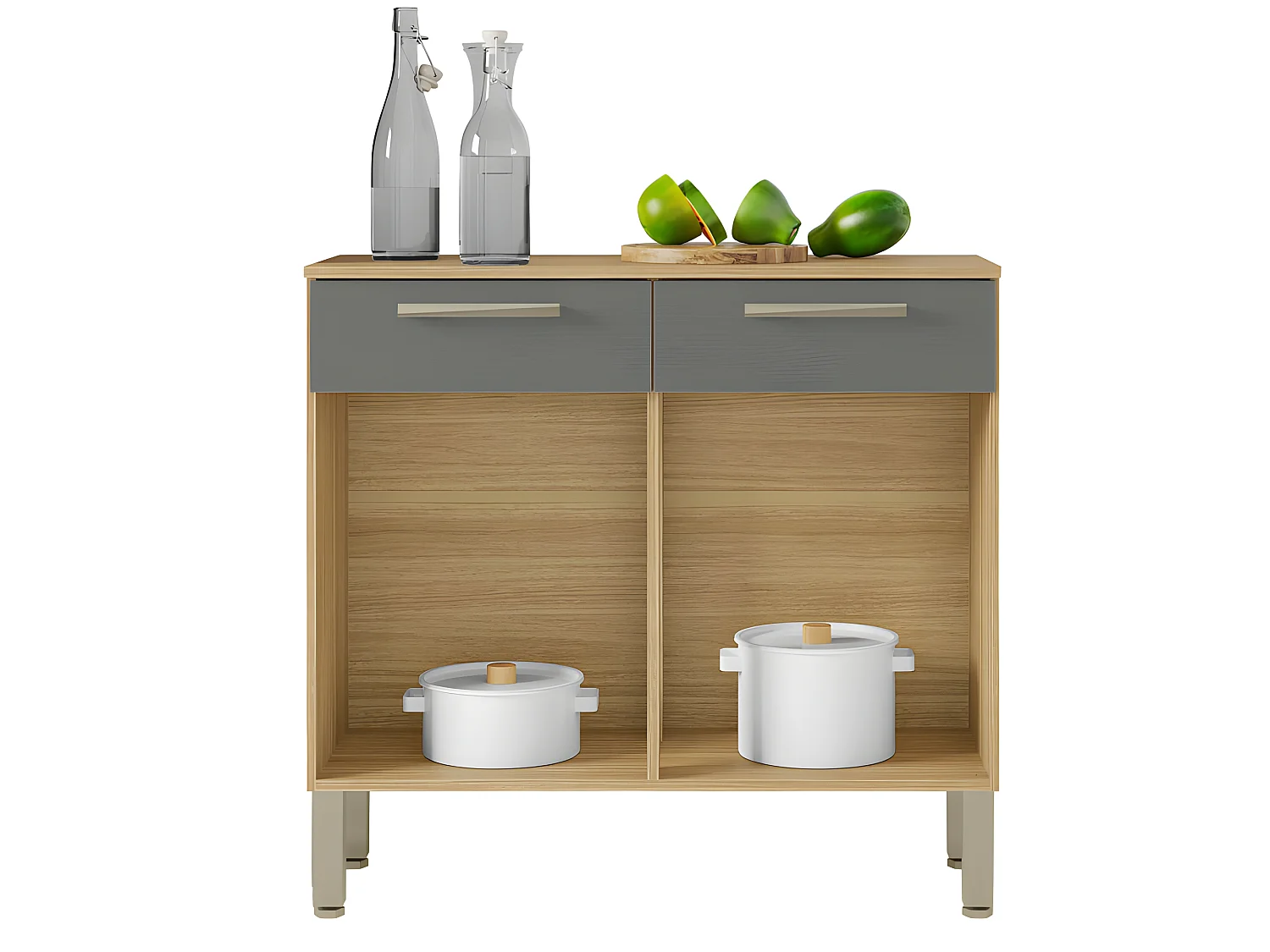 Buffet Bas Meuble Cuisine 2 Portes 2 Tiroirs Chêne et Gris 2 Niches 91 cm