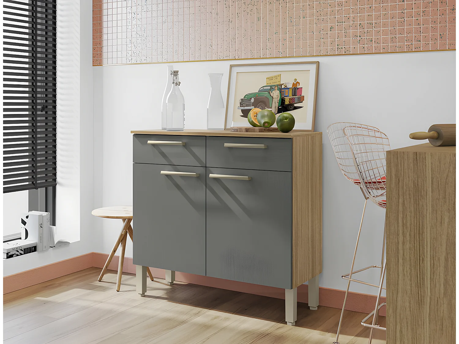 Buffet Bas Meuble Cuisine 2 Portes 2 Tiroirs Chêne et Gris 2 Niches 91 cm