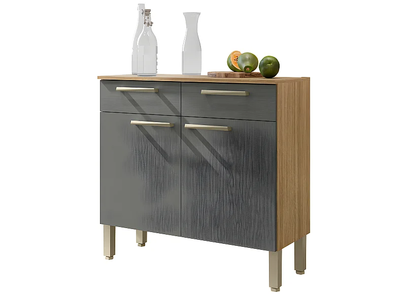 Buffet Bas Meuble Cuisine 2 Portes 2 Tiroirs Chêne et Gris 2 Niches 91 cm