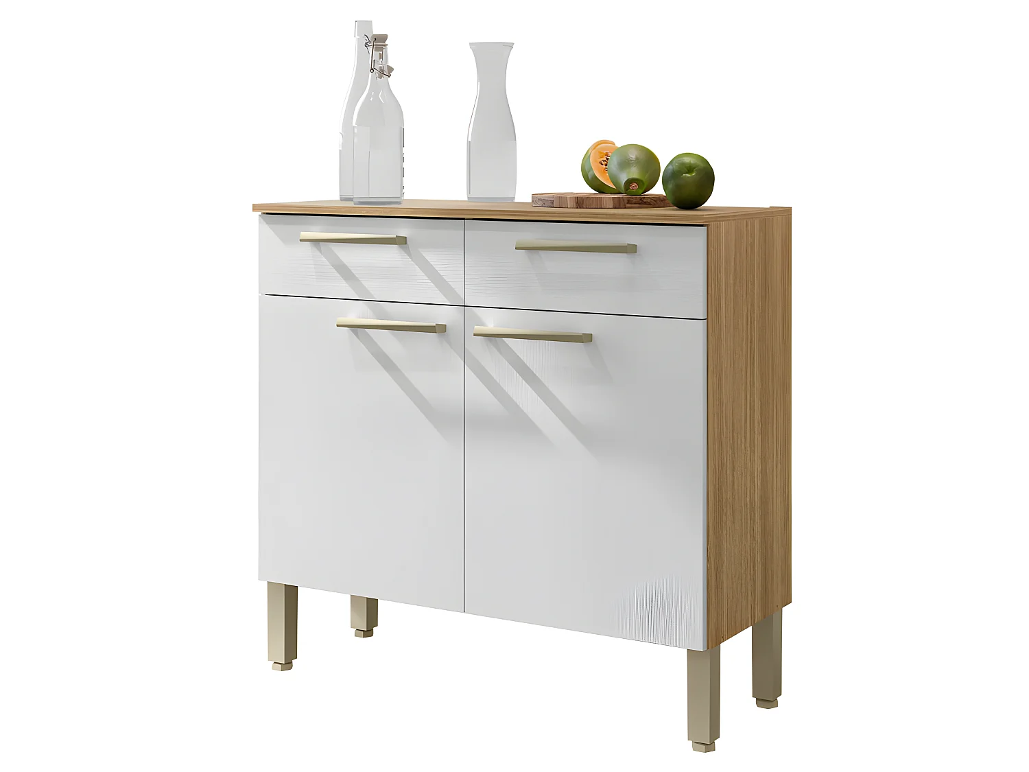 Buffet Bas 2 Portes 2 Tiroirs Chêne et Blanc 2 Niches Larg 90,9 H 86 P 36,3 cm