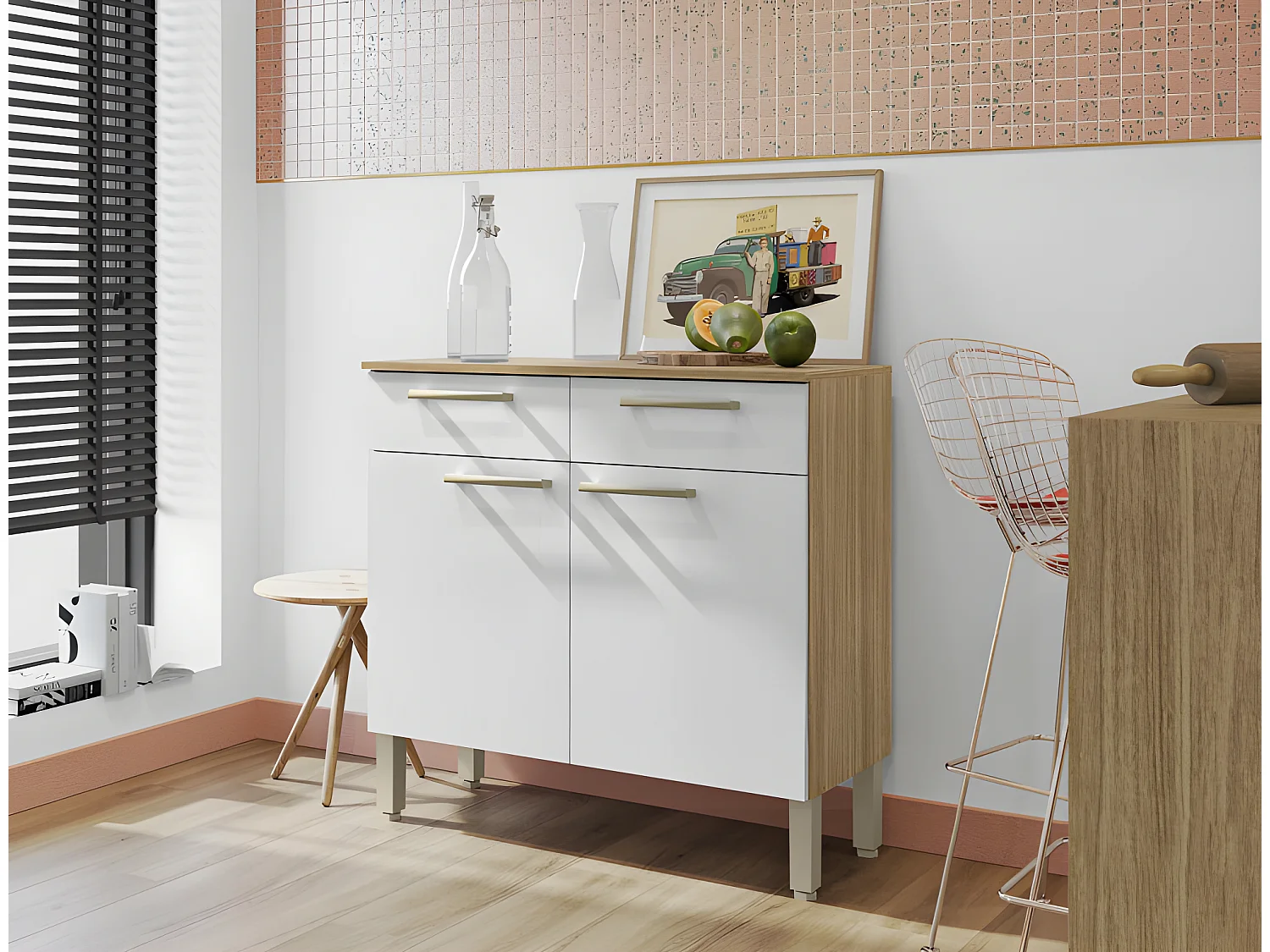Buffet Bas 2 Portes 2 Tiroirs Chêne et Blanc 2 Niches Larg 90,9 H 86 P 36,3 cm