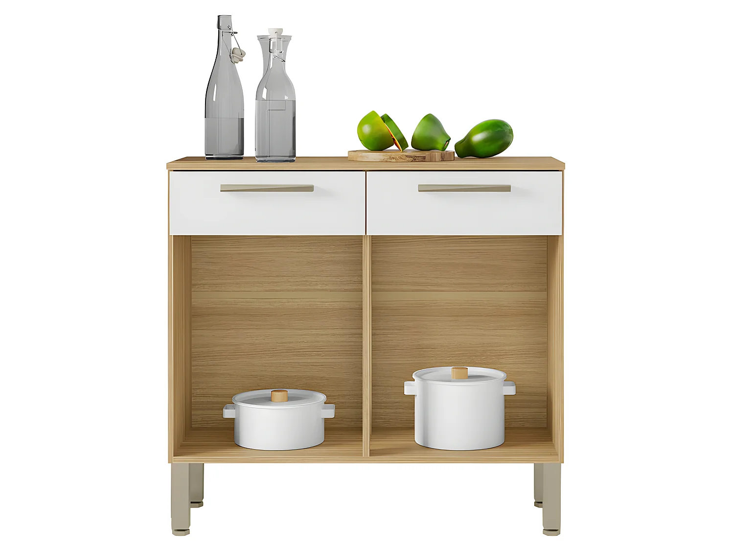 Buffet Bas 2 Portes 2 Tiroirs Chêne et Blanc 2 Niches Larg 90,9 H 86 P 36,3 cm