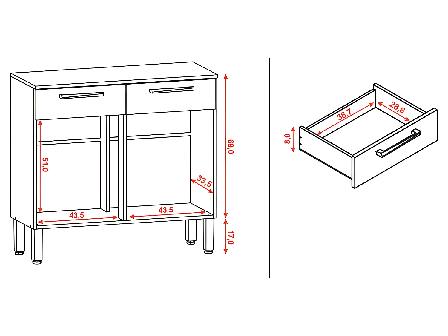 Buffet Bas 2 Portes 2 Tiroirs Chêne et Blanc 2 Niches Larg 90,9 H 86 P 36,3 cm