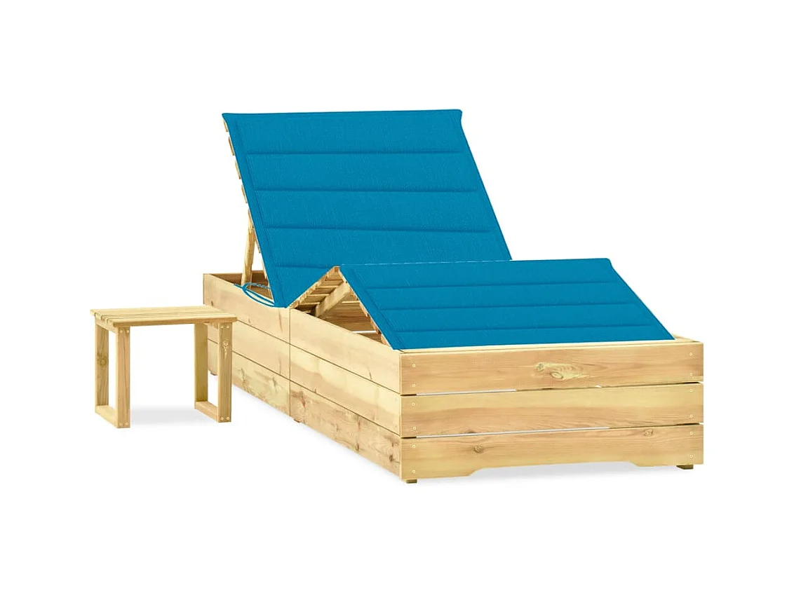 Tumbona tumbona tumbona cama de jardín terraza muebles de exterior 198 cm con mesa y cojín de pino impregnado 02_0012677