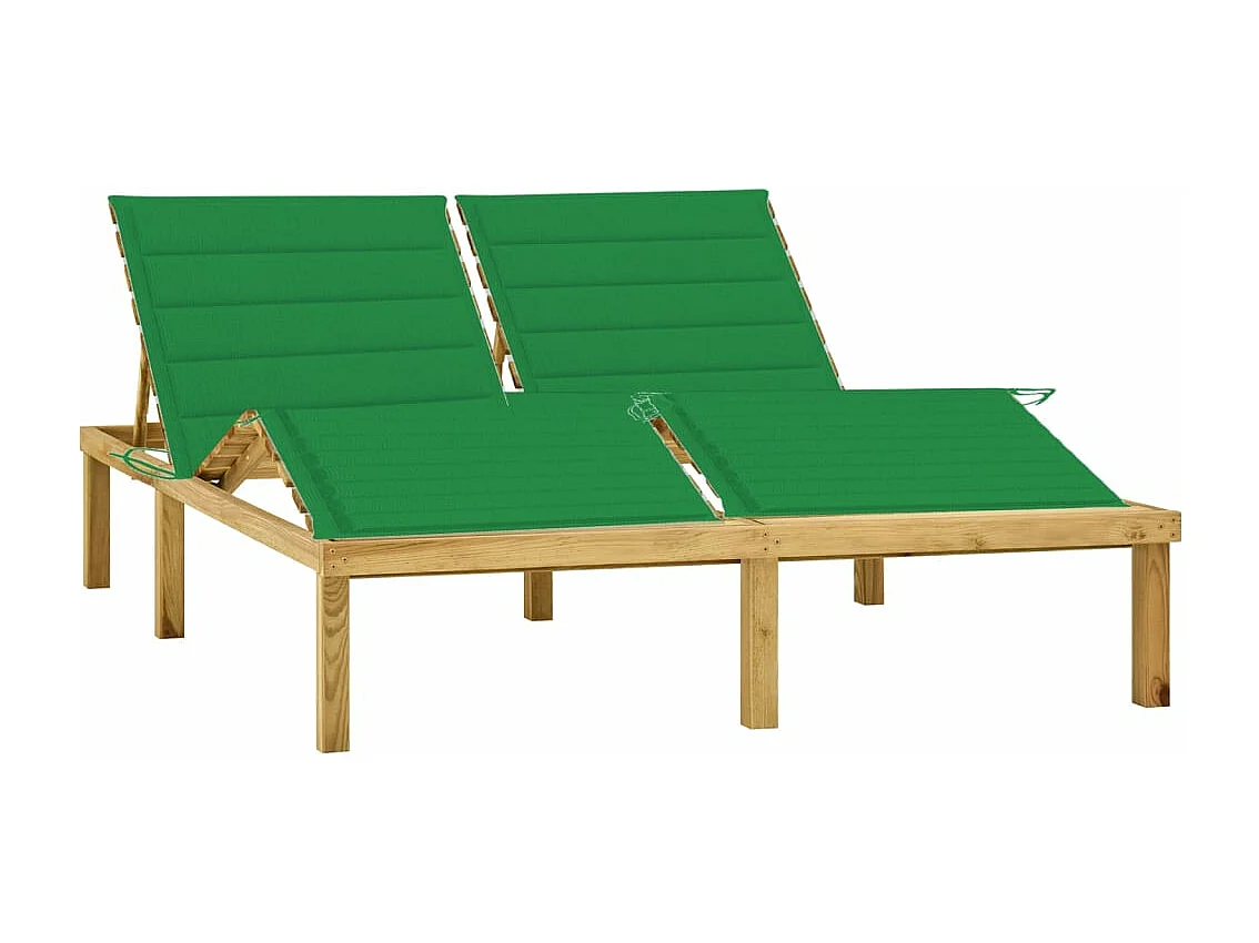 Transat chaise longue bain de soleil lit de jardin terrasse meuble d'extérieur double et coussins vert bois de pin imprégné 02_0012760