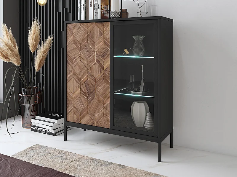 Vitrine 2 portes avec LEDs - Noir et Naturel foncé - MIALINE