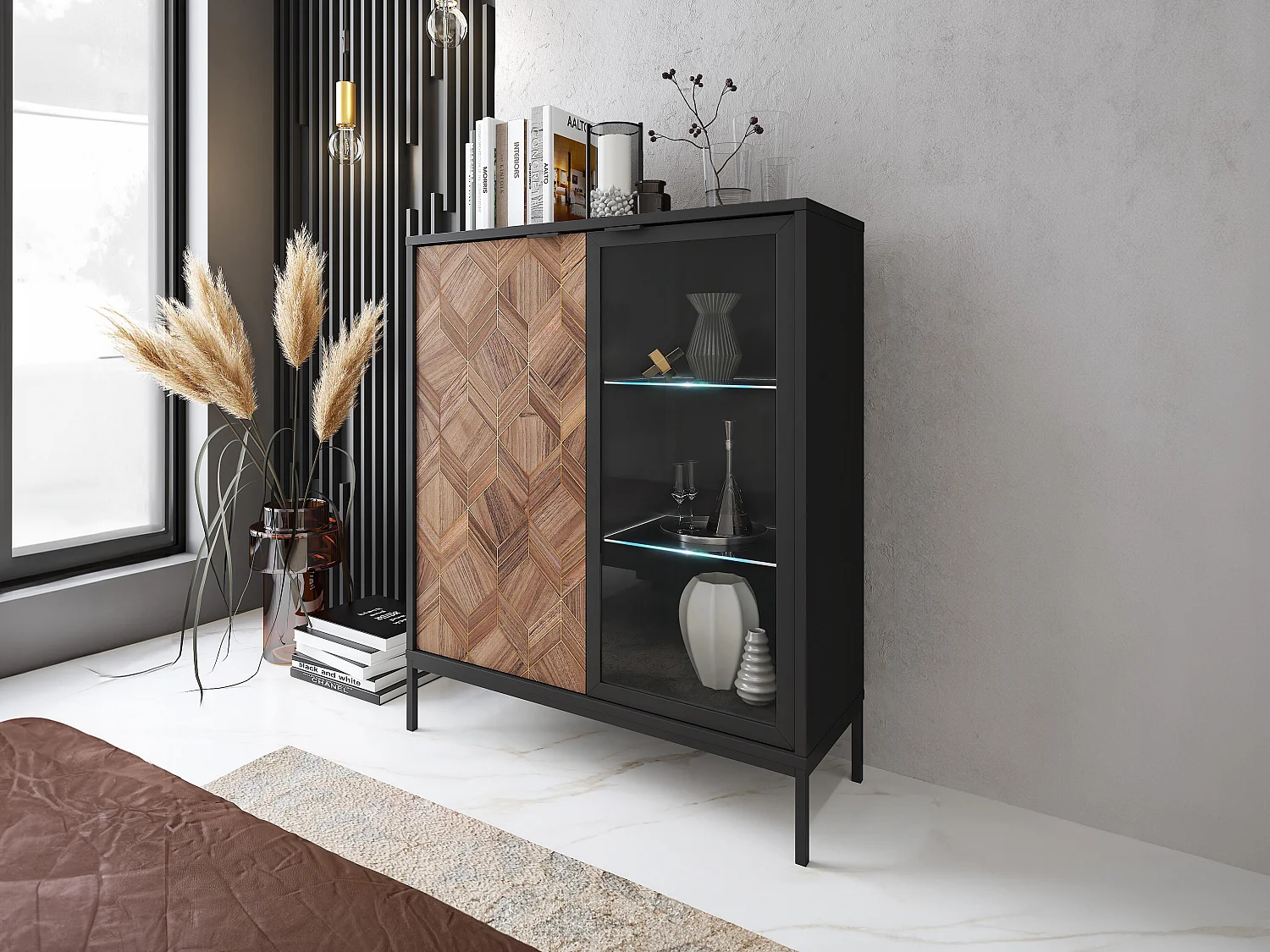 Vitrine 2 portes avec LEDs - Noir et Naturel foncé - MIALINE