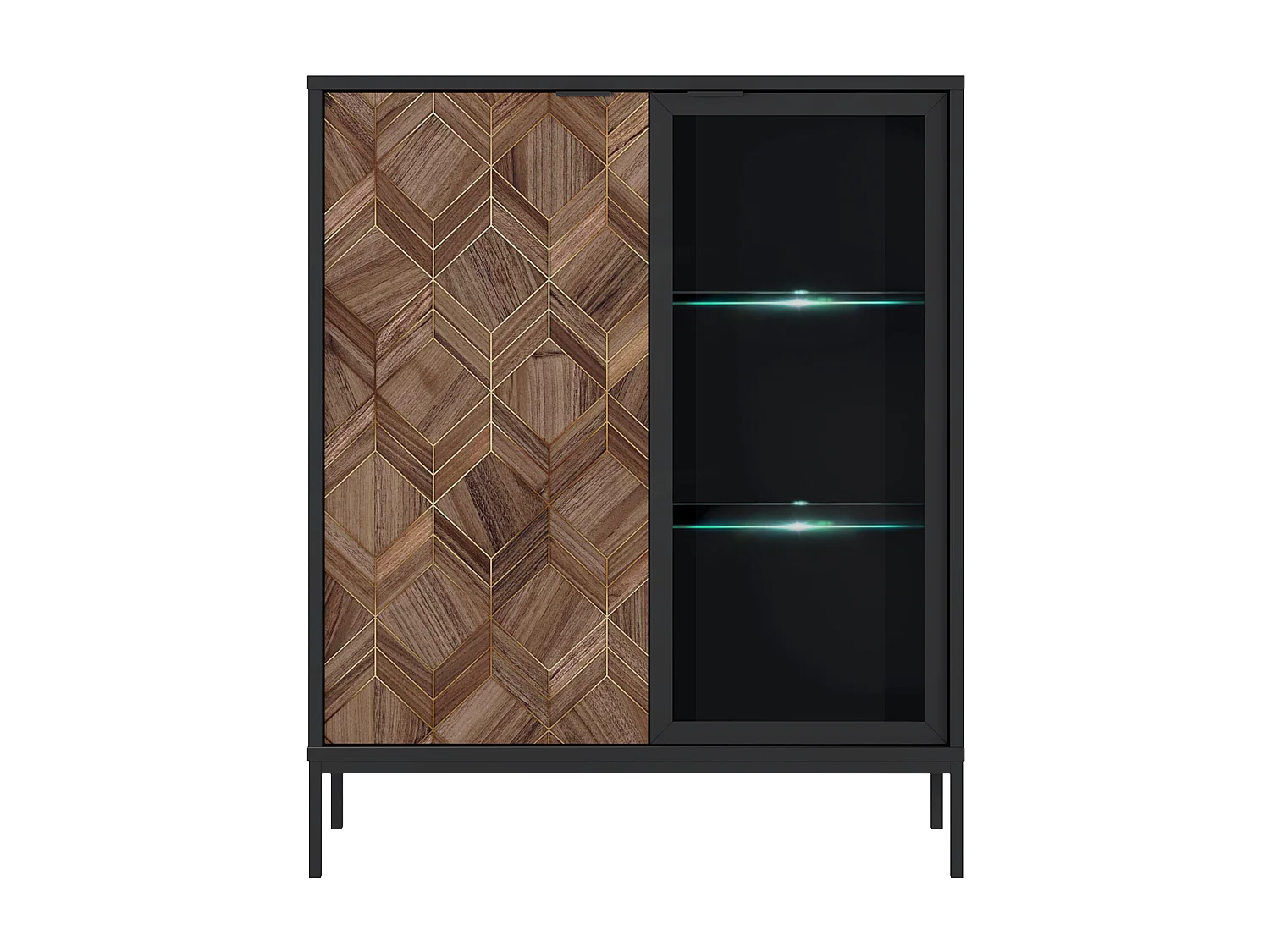 Vitrine 2 portes avec LEDs - Noir et Naturel foncé - MIALINE