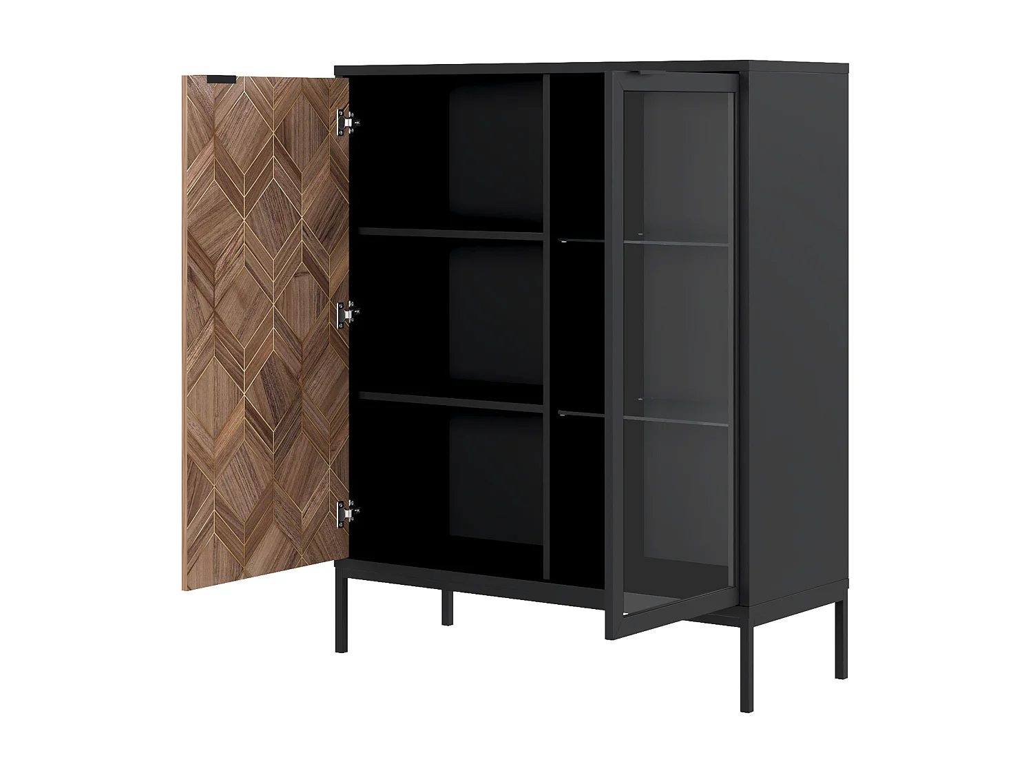 Vitrine 2 portes avec LEDs - Noir et Naturel foncé - MIALINE