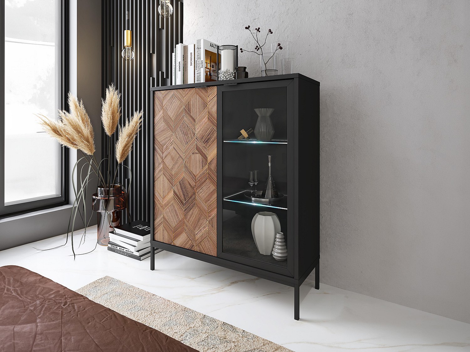 Vitrinenschrank mit 2 Türen - mit LED-Beleuchtung - Schwarz & Holzfarben du günstig online kaufen