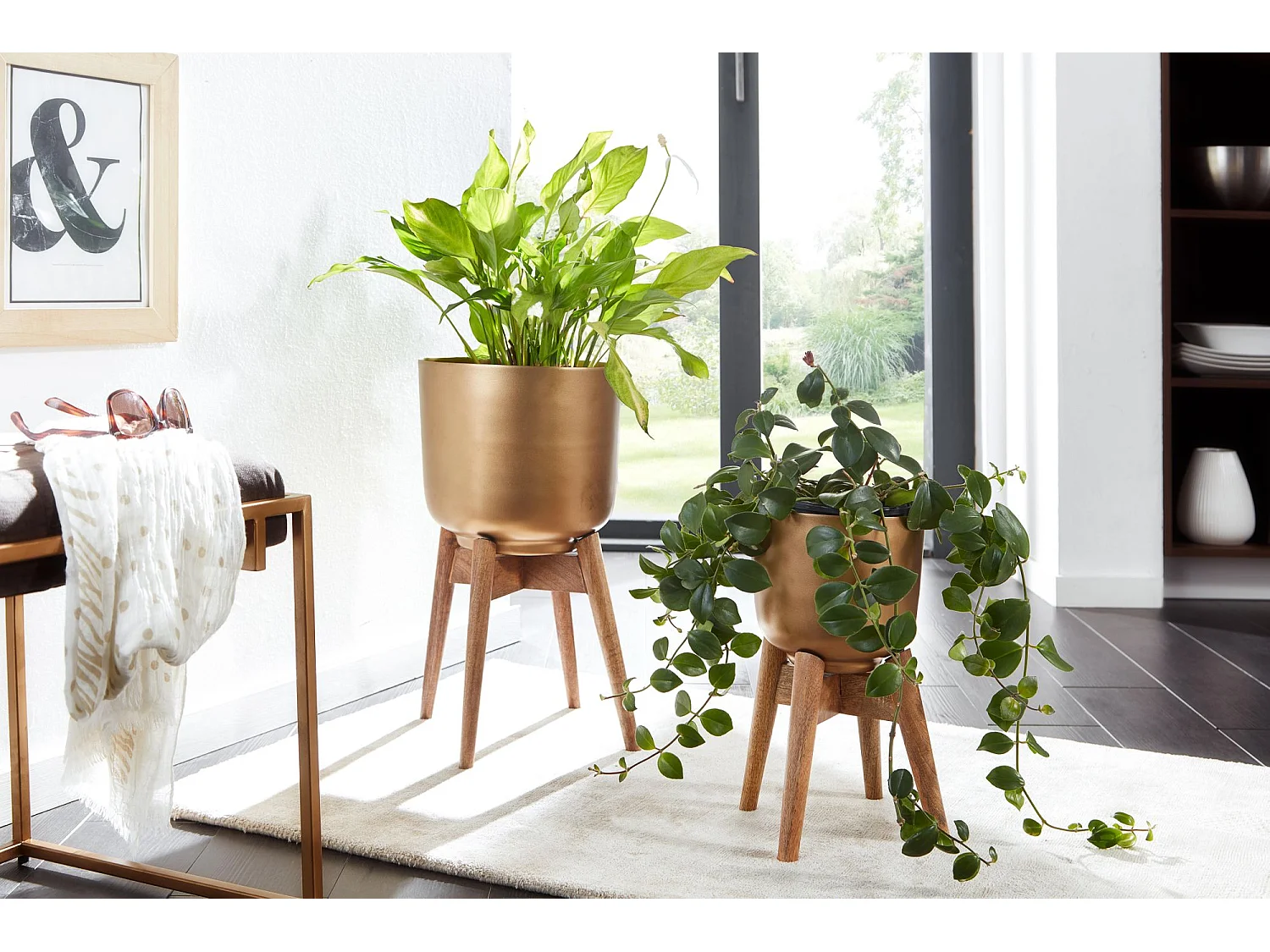 Vaso di Fiori Set di 2 Fioriere in Metallo Legno Massello Oro Fioriera