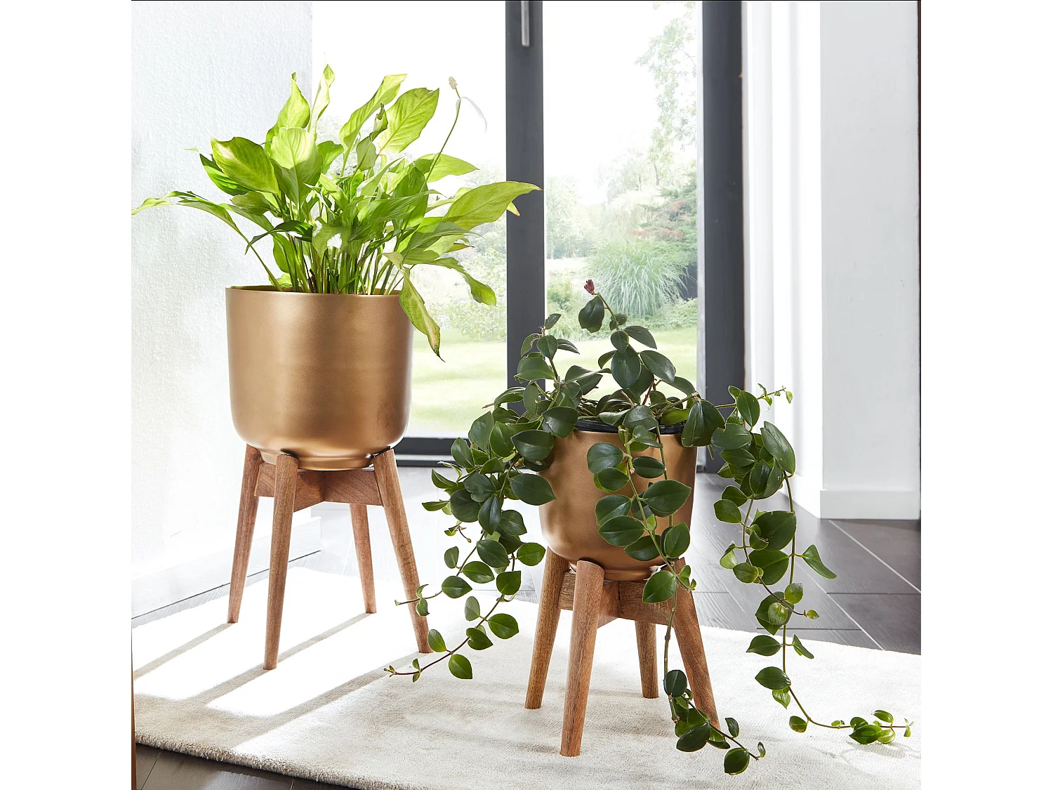 Vaso di Fiori Set di 2 Fioriere in Metallo Legno Massello Oro Fioriera