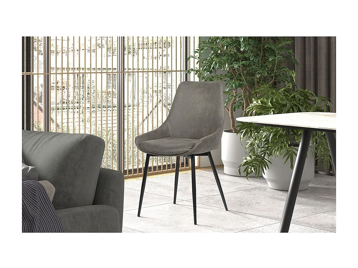 Chaise MICRA – PU microfibre gris – Pieds métal noir – H86 x L49 x P61 cm