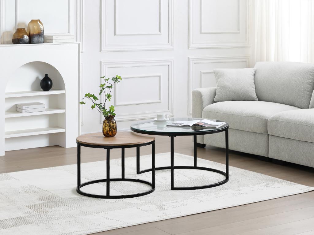 Couchtisch 2er-Set - MDF, Sicherheitsglas & schwarzes Metall - Transparent günstig online kaufen