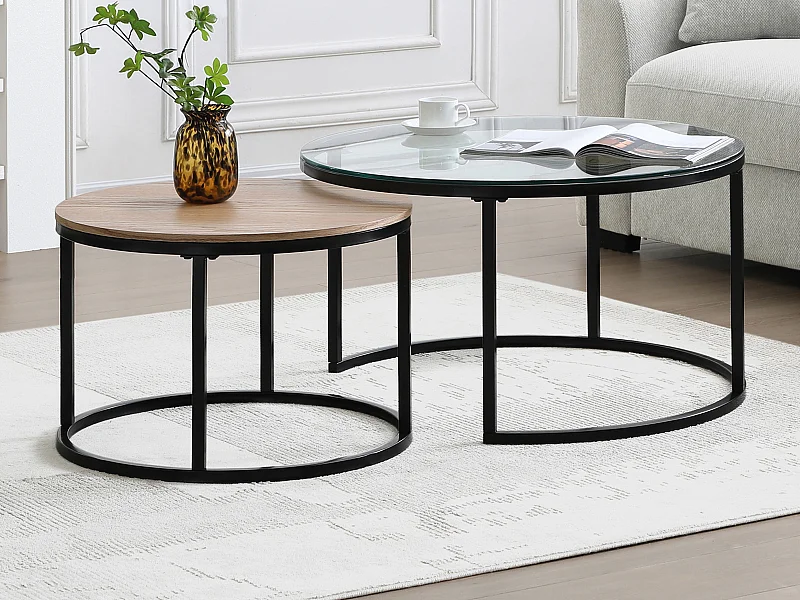 Tables basses gigognes placage chêne, verre trempé et métal noir - Transparent et Naturel - REMINA de Pascal Morabito