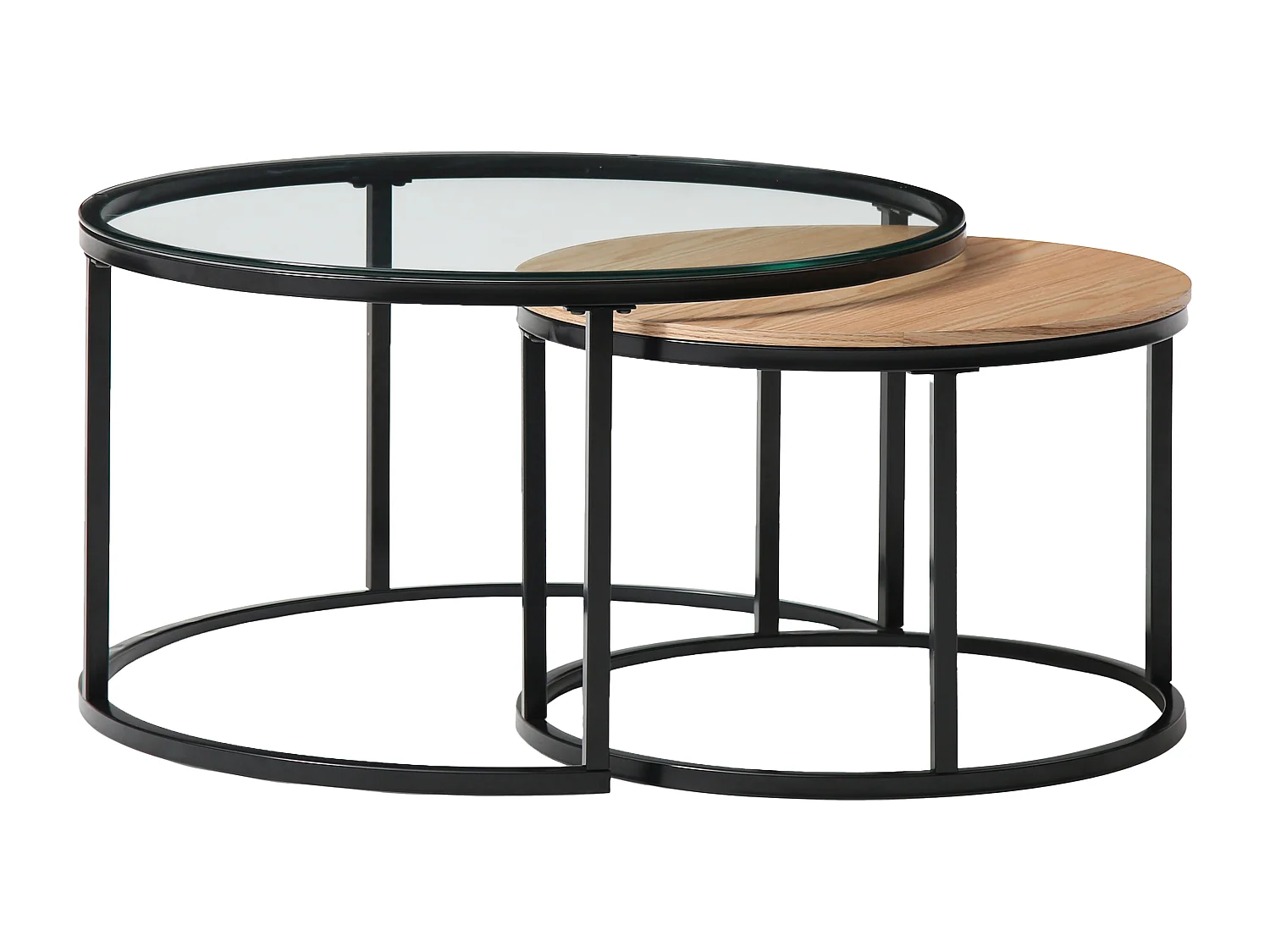 Couchtisch 2er-Set - MDF, Sicherheitsglas & schwarzes Metall - Transparent & Holzfarben - REMINA von Pascal MORABITO