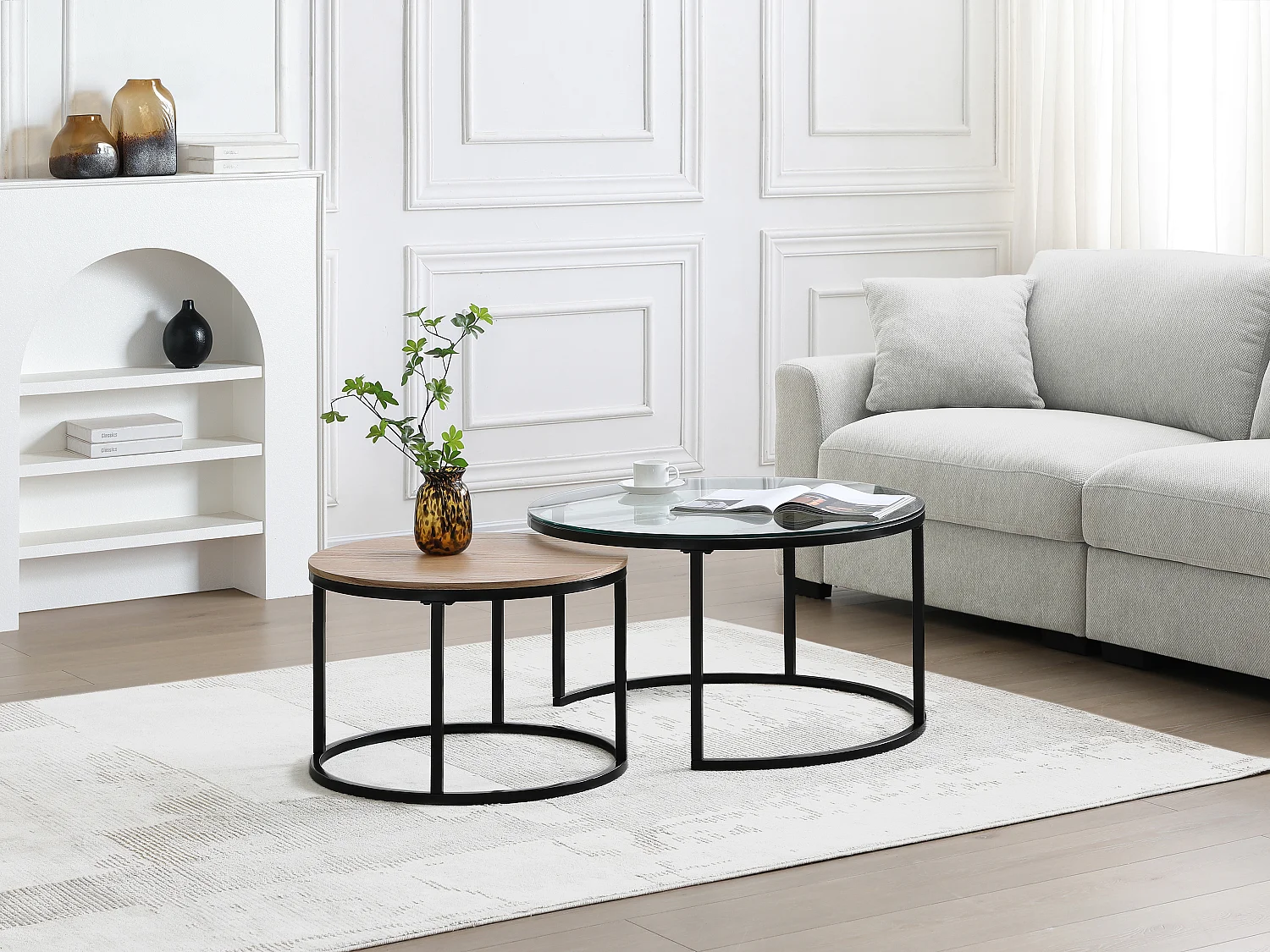 Couchtisch 2er-Set - MDF, Sicherheitsglas & schwarzes Metall - Transparent & Holzfarben - REMINA von Pascal MORABITO