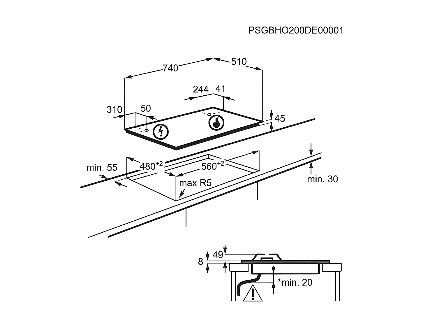 Electrolux Table de cuisson gaz 75cm 5 feux noir - EGG75372K