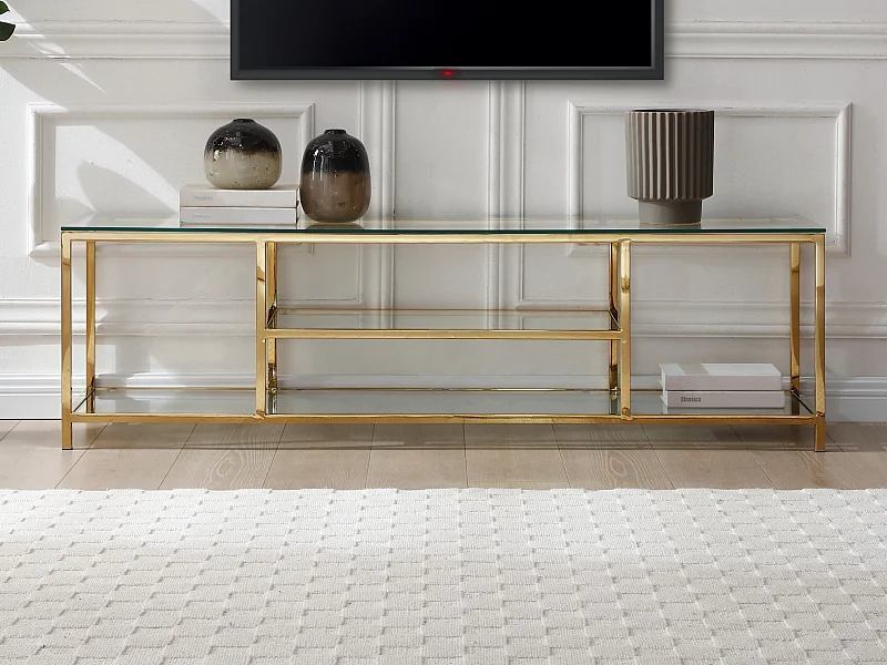 Tv-meubel met 2 planken van gehard glas en roestvrij staal - Transparant en goudkleurig - RIMALI van Pascal Morabito