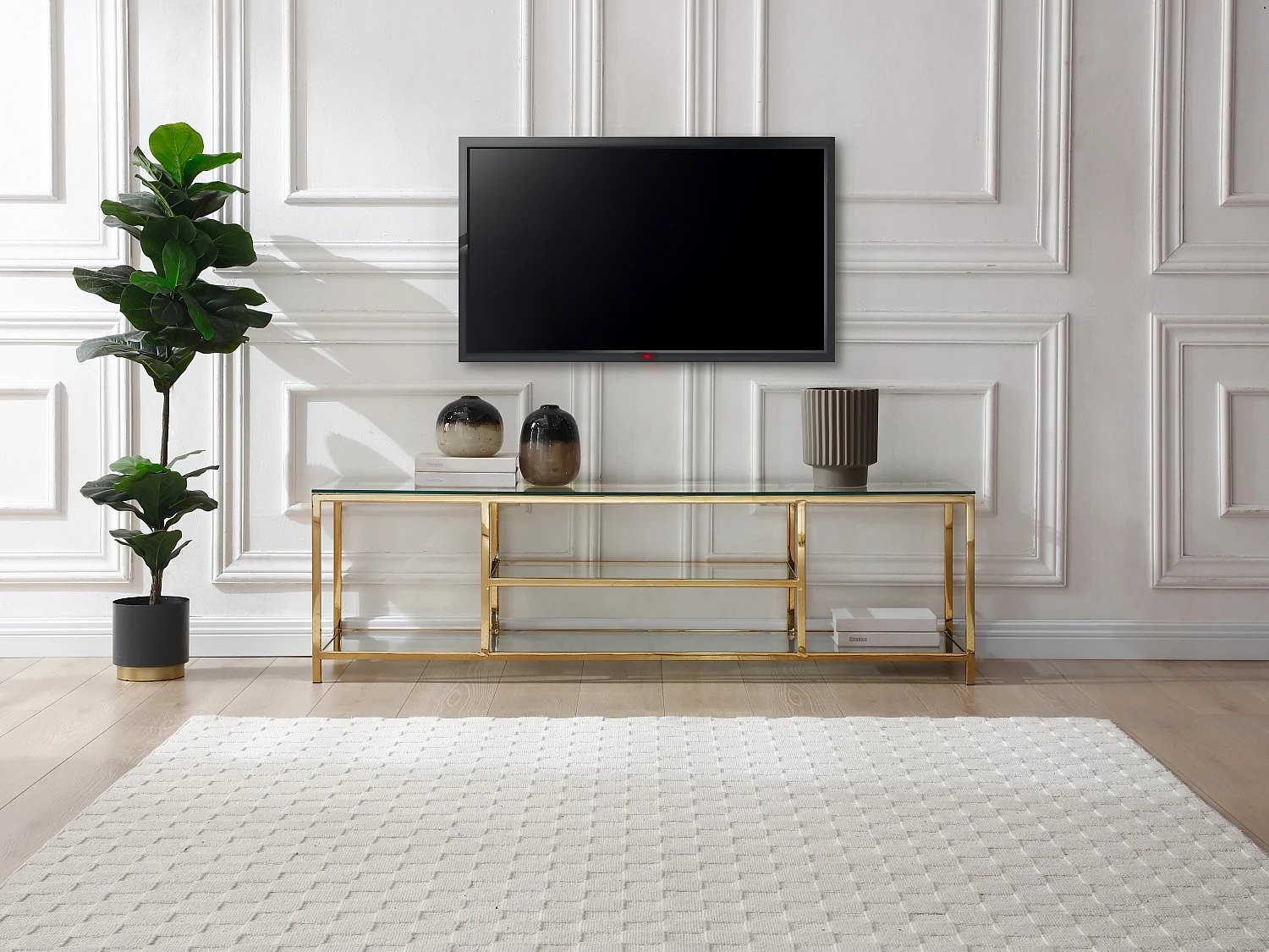 Meuble TV avec 2 étagères en verre trempé et acier inoxydable - Transparent et Doré - RIMALI de Pascal Morabito